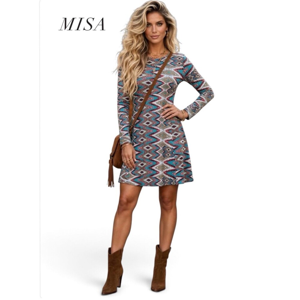 MISA Los Angeles Prism Print Slinky Swing Dress Long Sleeve Mosaic Southwestern